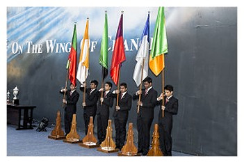 House flags carried at a School assembly